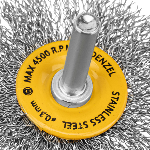 Щетка для дрели, 60 мм, Плоская, со шпилькой, нержавеющая витая проволока Denzel по ценам производителя в Санкт-Петербурге с доставкой по всей России