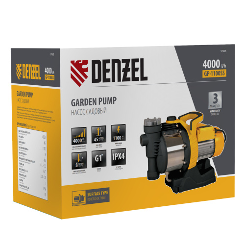 Садовый поверхностный насос GP1100SS, 1100 Вт, 4000 л/ч, подъем 45 м, пластик Denzel по ценам производителя в Санкт-Петербурге с доставкой по всей России