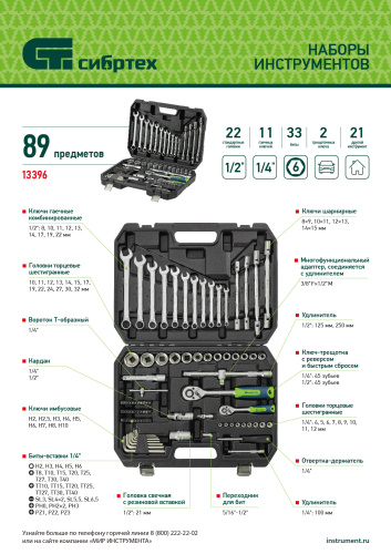 Набор инструментов, 1/2", 1/4", пластиковый кейс 89 предметов Сибртех купить в Москве с доставкой по всей России | ProtosMarket.ru