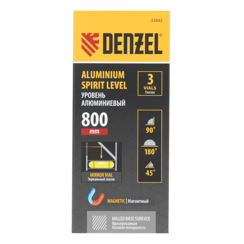 Уровень алюминиевый, магнит, фрезерованный, 3 глазка (1 зеркал.) 0,5 мм/м, 800 мм Denzel по ценам производителя в Санкт-Петербурге с доставкой по всей России