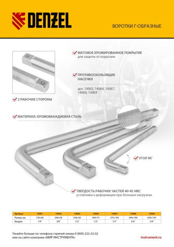 Вороток Г-образный, 450*150 мм, квадрат 3/4", CrV, матовый хром Denzel купить в Москве с доставкой по всей России | ProtosMarket.ru