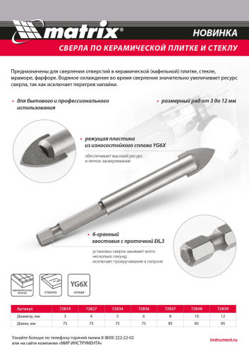 Сверло по керамической плитке и стеклу, 6 мм, шестигранный хвостовик Matrix купить в Москве с доставкой по всей России | ProtosMarket.ru