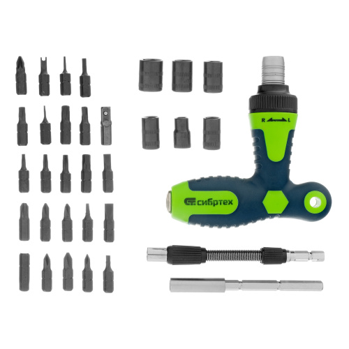 Отвертка Т-образная реверсивная с набором бит, торцевых головок, 33 предмета, CrV Сибртех по ценам производителя в Санкт-Петербурге с доставкой по всей России