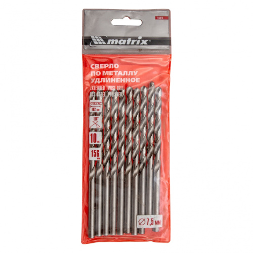 Сверло по металлу, 7.5 х 156 мм, полированное, удл, HSS, 10 шт, цилиндрический хвостовик Matrix купить в Москве с доставкой по всей России | ProtosMarket.ru