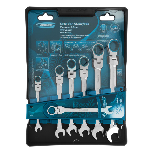 Набор ключей комбинированных с трещоткой, 8-19 мм, 7 шт, шарнирные, CrV Gross купить в Москве с доставкой по всей России | ProtosMarket.ru