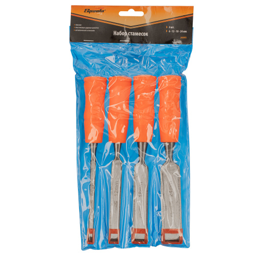 Набор стамесок 4 шт, 6-12-18-24 мм, плоские, пластиковые ударные рукоятки Sparta купить в Москве с доставкой по всей России | ProtosMarket.ru