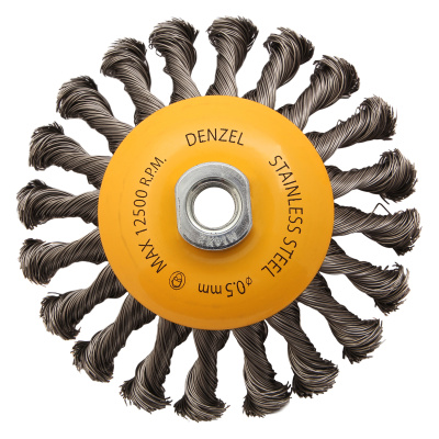 Щетка для УШМ, 125 мм, "Тарелка", крученая нержавеющая проволока 0.5 мм, М14 Denzel по ценам производителя в Санкт-Петербурге с доставкой по всей России