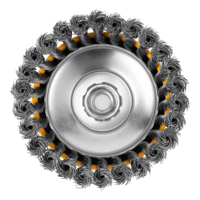Щетка для УШМ, 125 мм, "Чашка", крученая нержавеющая проволока 0.5 мм, М14 Denzel по ценам производителя в Санкт-Петербурге с доставкой по всей России