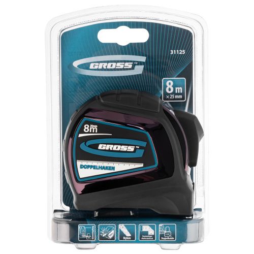 Рулетка "Doppelhaken",8 м x 25 мм,двухсторонний зацеп,Нейлон,двусторонняя шкала,автоматическая фиксация Gross купить в Москве с доставкой по всей России | ProtosMarket.ru