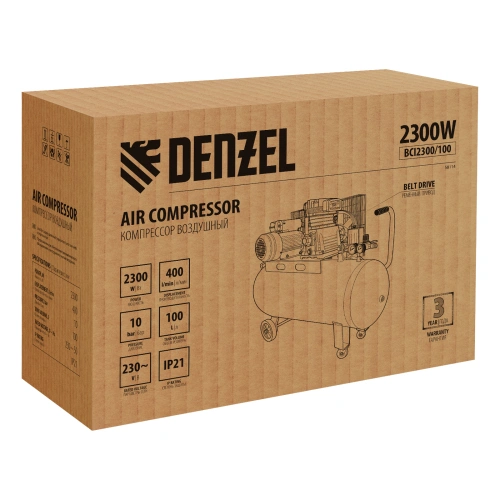 Компрессор воздушный BCI2300/100, ременный привод, 2.3 кВт, 100 литров, 400 л/мин Denzel по ценам производителя в Санкт-Петербурге с доставкой по всей России