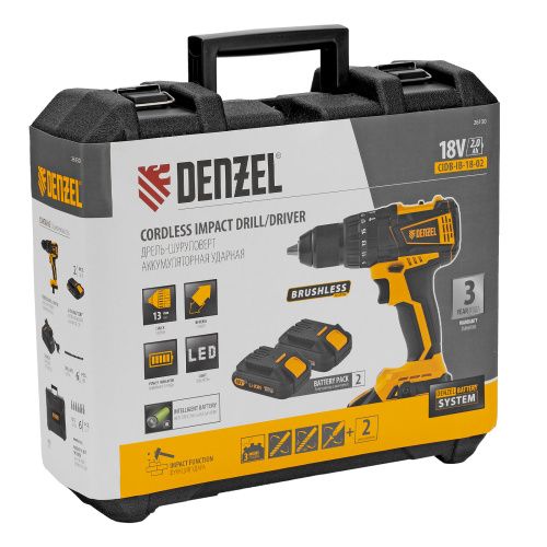 Дрель-шуруповерт аккумуляторная ударная бесщет CIDB-IB-18-02, Li-Ion, 18 В, 2 акк. Denzel купить в Москве с доставкой по всей России | ProtosMarket.ru