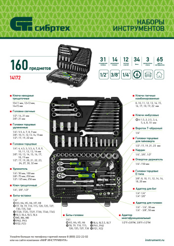Набор инструментов, 1/2", 3/8", 1/4", пластиковый кейс 160 предм. Сибртех купить в Москве с доставкой по всей России | ProtosMarket.ru