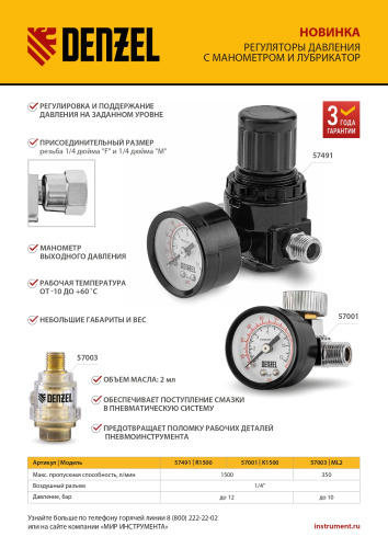 Регулятор давления с манометром для краскораспылителя K1500, 12 бар, 1/4" Denzel купить в Москве с доставкой по всей России | ProtosMarket.ru
