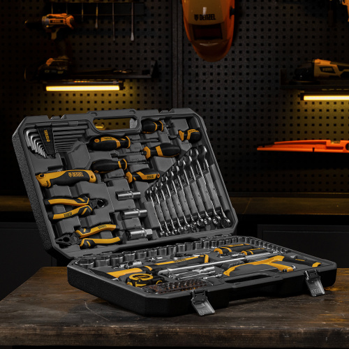 Набор инструментов, 1/2", 1/4", CrV, S2, пластиковый кейс, 100 предметов Denzel по ценам производителя в Санкт-Петербурге с доставкой по всей России