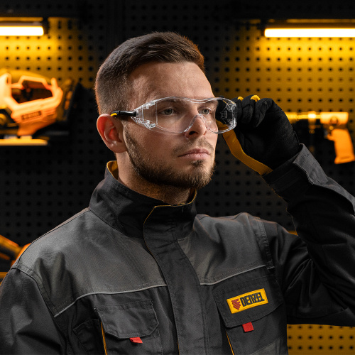 Очки защитные открытые, поликарбонатные, увеличенная прозрачная линза,  регулируемые дужки Denzel купить в Москве с доставкой по всей России | ProtosMarket.ru