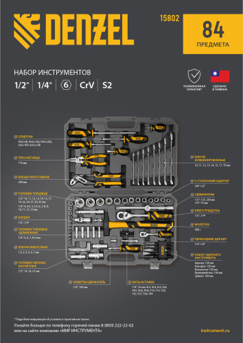 Набор инструментов, 1/2", 1/4", CrV, S2, пластиковый кейс, 84 предмета Denzel купить в Москве с доставкой по всей России | ProtosMarket.ru