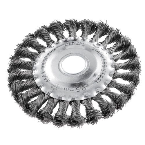 Щетка для УШМ, 125 мм, "Плоская", крученая нержавеющая проволока 0.5 мм, посадка 22.2 мм Denzel купить в Москве с доставкой по всей России | ProtosMarket.ru