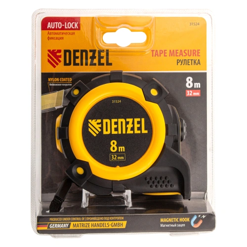 Рулетка 8м х 32мм, автоматич. фиксац., нейлон. покрытие, магнит. зацеп, двухстор. разметка Denzel купить в Москве с доставкой по всей России | ProtosMarket.ru