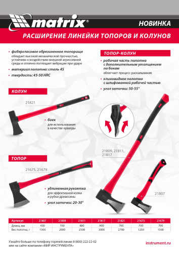 Колун, 2700 г, фибергласовое обрезиненное топорище 700 мм Matrix купить в Москве с доставкой по всей России | ProtosMarket.ru