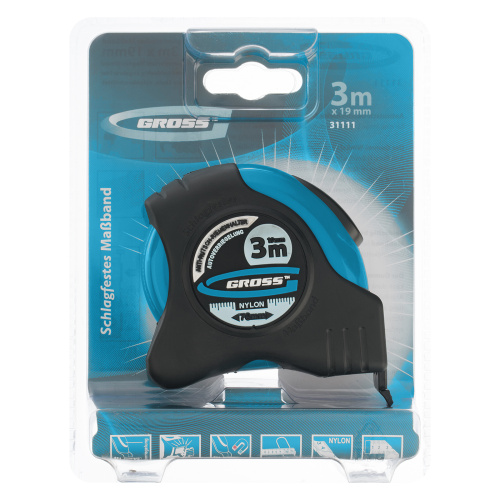 Рулетка "Schlagfest",3 м x 19 мм,магнитный обрезиненный зацеп,двусторонняя шкала,Нейлоновое покрытие,автоматическая фиксация Gross по ценам производителя в Санкт-Петербурге с доставкой по всей России