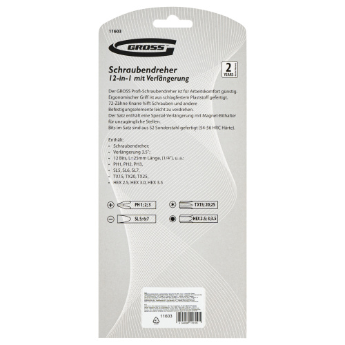 Отвертка реверсивная с удлинителем, трещотка 72 зуба, 12 шт, сталь S2 Gross купить в Москве с доставкой по всей России | ProtosMarket.ru