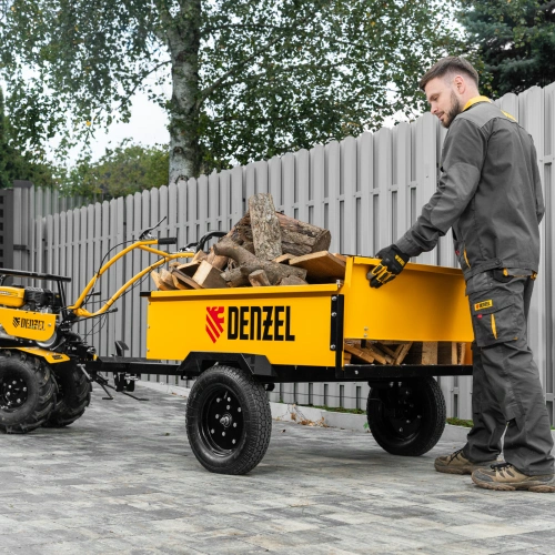 Прицеп для мотоблока TT-500, оцинк., груз. 500 кг, рег. сцепка, колеса 4.00-10, в упаковке Denzel по ценам производителя в Санкт-Петербурге с доставкой по всей России