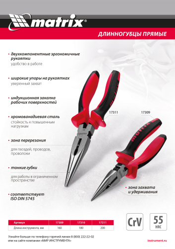 Длинногубцы прямые, 160 мм, хром-ванадий, двухкомпонентные рукоятки Matrix по ценам производителя в Санкт-Петербурге с доставкой по всей России
