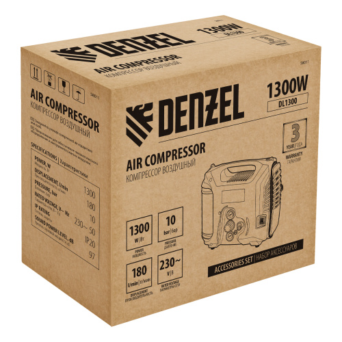 Компрессор воздушный DL1300, 10 бар, 1,3 кВт 180 л/мин 5 л, с набором аксессуаров Denzel по ценам производителя в Санкт-Петербурге с доставкой по всей России