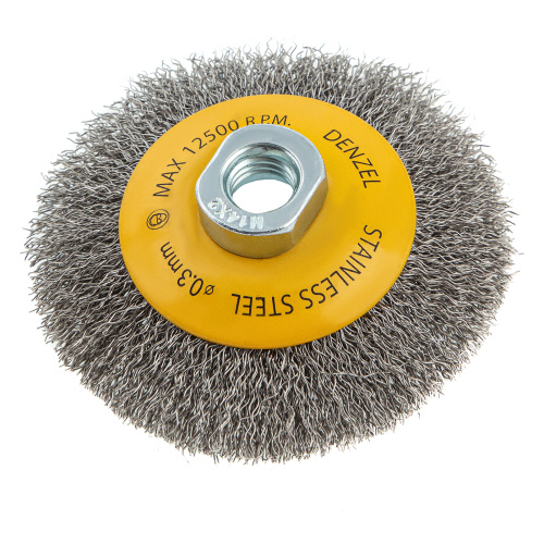 Щетка для УШМ, 100 мм, "Тарелка", витая нержавеющая проволока 0.3 мм, М14 Denzel по ценам производителя в Санкт-Петербурге с доставкой по всей России