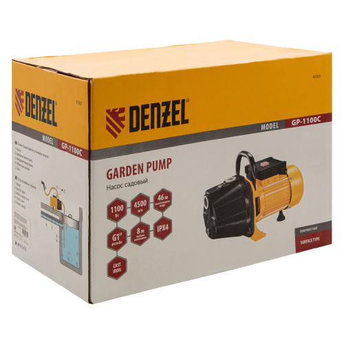 Садовый поверхностный насос GP1100C, 1100 Вт, 4500 л/ч, подъем 46 м, чугун Denzel по ценам производителя в Санкт-Петербурге с доставкой по всей России