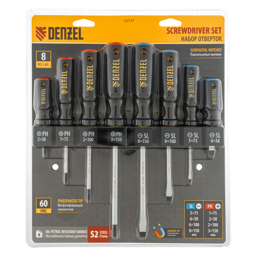 Набор отверток на полке, 8 шт., PH+SL, S2, 3к рукоятка Denzel купить в Москве с доставкой по всей России | ProtosMarket.ru