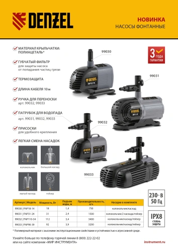 Насос фонтанный FNP18-14, 18 Вт, подъем 1,4 м, 750 л/ч, колокольчик/каскад Denzel купить в Москве с доставкой по всей России | ProtosMarket.ru