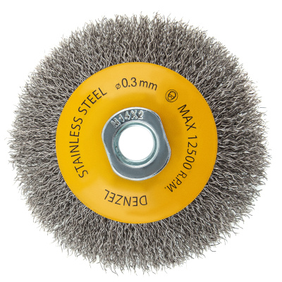 Щетка для УШМ, 100 мм, "Тарелка", витая нержавеющая проволока 0.3 мм, М14 Denzel по ценам производителя в Санкт-Петербурге с доставкой по всей России