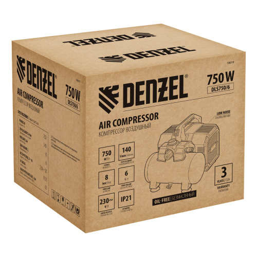 Компрессор  DLS750/6 безмасляный малошумный 750 Вт, 140 л/мин,ресивер 6 л Denzel по ценам производителя в Санкт-Петербурге с доставкой по всей России
