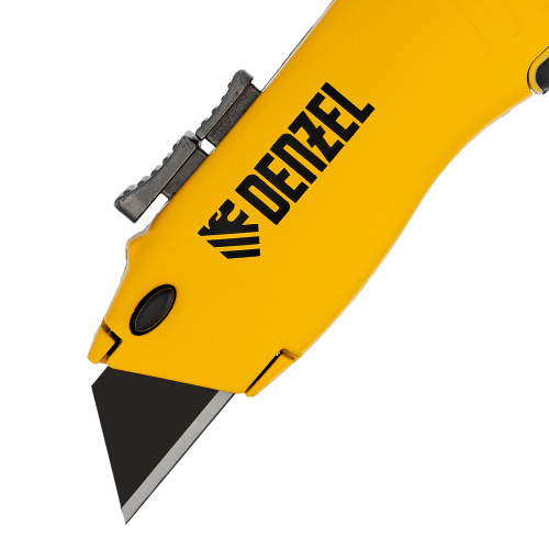 Нож, 19мм, сменное трапециевидное  лезвие, SK4, алюминиевый корпус, торцевой зажим Denzel купить в Москве с доставкой по всей России | ProtosMarket.ru