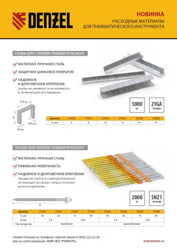 Гвозди для пнев. нейлера (оцинк.) длина - 50 мм, диам. - 2,9 мм, 2000 шт. Denzel купить в Москве с доставкой по всей России | ProtosMarket.ru