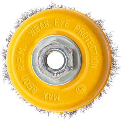 Щетка для УШМ, 100 мм, "Чашка", витая нержавеющая проволока 0.3 мм, М14 Denzel по ценам производителя в Санкт-Петербурге с доставкой по всей России