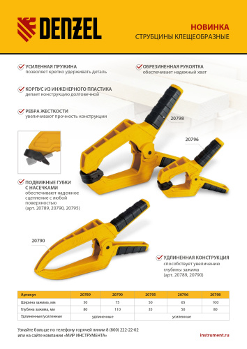 Струбцина клещеобразная, усиленная 65 х 50 мм, двухкомпонентные рукоятки Denzel по ценам производителя в Санкт-Петербурге с доставкой по всей России