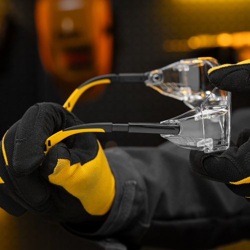 Очки защитные открытые, поликарбонатные, увеличенная прозрачная линза,  регулируемые дужки Denzel купить в Москве с доставкой по всей России | ProtosMarket.ru