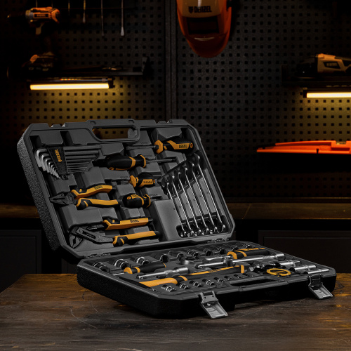 Набор инструментов, 1/2", 1/4", CrV, S2, пластиковый кейс, 64 предмета Denzel по ценам производителя в Санкт-Петербурге с доставкой по всей России