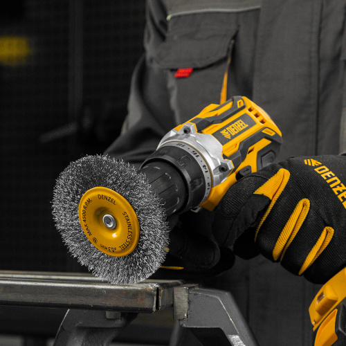Щетка для дрели 100 мм, Плоская, со шпилькой, нержавеющая витая проволока Denzel по ценам производителя в Санкт-Петербурге с доставкой по всей России