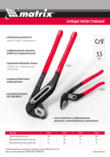 Клещи переставные 250 мм, хром-ванадий, обливные рукоятки Matrix по ценам производителя в Санкт-Петербурге с доставкой по всей России