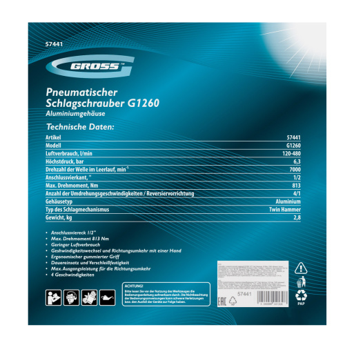 Гайковерт пневматический ударный G1260,1/2, Twin Hammer, 813Нм, 7000 об/мин Gross купить в Москве с доставкой по всей России | ProtosMarket.ru