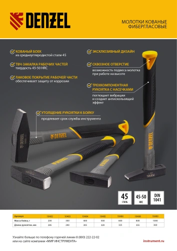 Молоток слесарный, 200 г, кованый, фибергласовая рукоятка c TPR покрытием Denzel купить в Москве с доставкой по всей России | ProtosMarket.ru