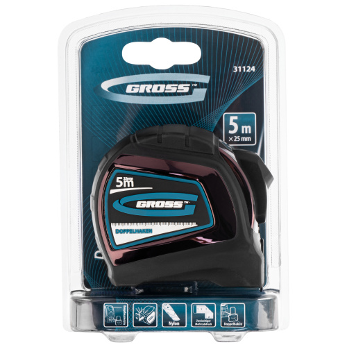 Рулетка "Doppelhaken",5 м x 25 мм,двухсторонний зацеп,Нейлон,двусторонняя шкала,автоматическая фиксация Gross по ценам производителя в Санкт-Петербурге с доставкой по всей России