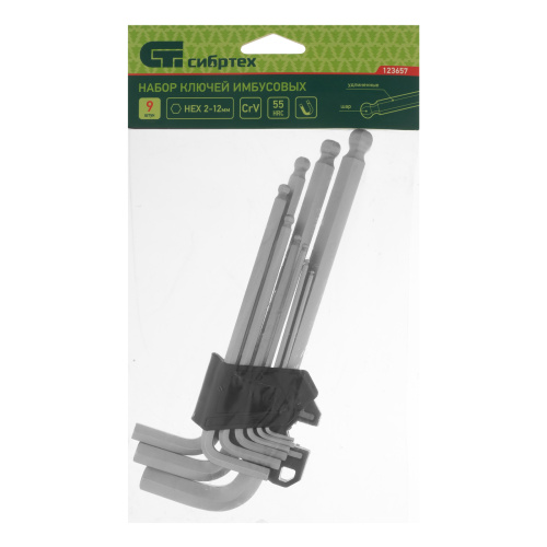 Набор ключей имбусовых, HEX, 2-12 мм, CrV, 9 шт., удлиненные, с шаром Сибртех купить в Москве с доставкой по всей России | ProtosMarket.ru