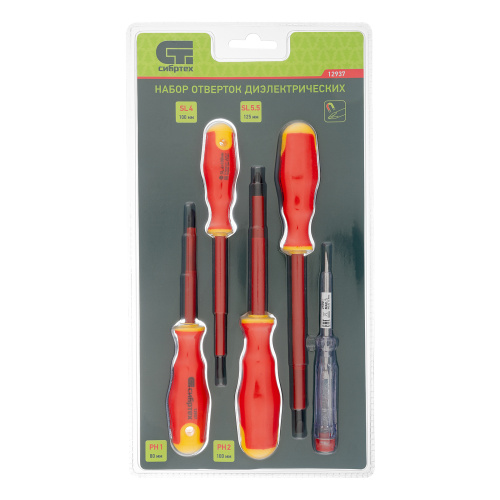 Набор отверток диэлектрических до 1000 В, 5 шт, тестер, CrV, двухкомпонентные рукоятки Сибртех купить в Москве с доставкой по всей России | ProtosMarket.ru
