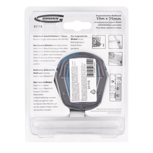 Рулетка "Schlagfest",10 м x 25 мм,магнитный обрезиненный зацеп,двусторонняя шкала,автоматическая фиксация Gross купить в Москве с доставкой по всей России | ProtosMarket.ru