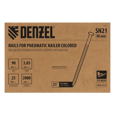 Гвозди для пнев. нейлера (крашен.) длина - 90 мм, диам. - 3,05 мм, 2000 шт. Denzel купить в Москве с доставкой по всей России | ProtosMarket.ru