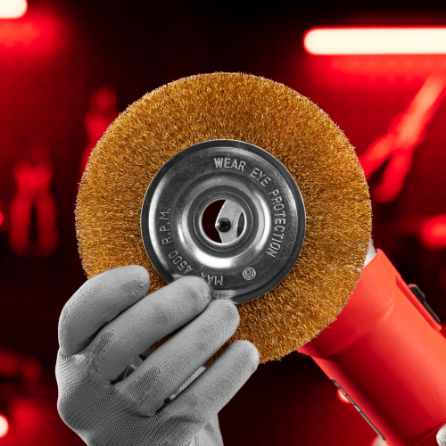 Щетка для УШМ, 150 мм, посадка 22.2 мм, плоская, латунированная витая проволока Matrix по ценам производителя в Санкт-Петербурге с доставкой по всей России